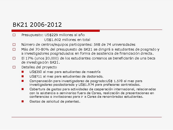 BK 21 2006 -2012 Presupuesto: US$229 millones al año US$1. 602 millones en total