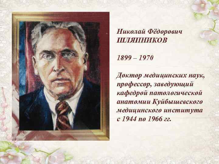 Николай Фёдорович ШЛЯПНИКОВ 1899 – 1970 Доктор медицинских наук, профессор, заведующий кафедрой патологической анатомии