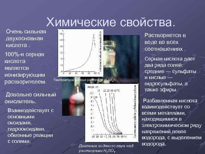 Химические свойства. Очень сильная двухосновная кислота. 100%-я серная кислота является ионизирующим растворителем. Растворяется в