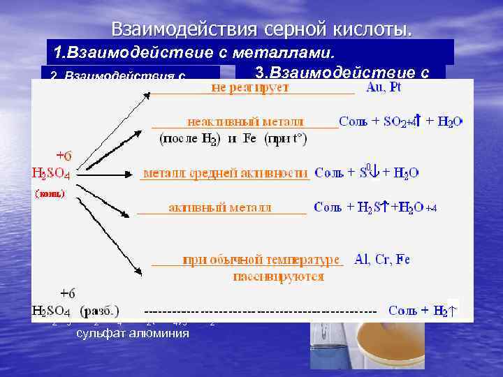 Взаимодействия серной кислоты. 1. Взаимодействие с металлами. 3. Взаимодействие с 2. Взаимодействия с основными