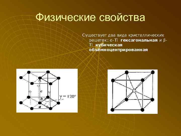 Физические свойства Существует два вида кристаллических решеток: α Ti гексагональная и β Ti кубическая