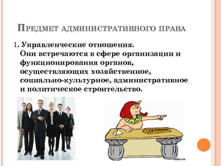 ПРЕДМЕТ АДМИНИСТРАТИВНОГО ПРАВА 1. Управленческие отношения. Они встречаются в сфере организации и функционирования органов,