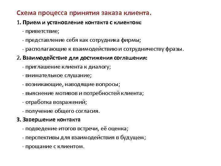 Схема процесса принятия заказа клиента. 1. Прием и установление контакта с клиентом: приветствие; представление