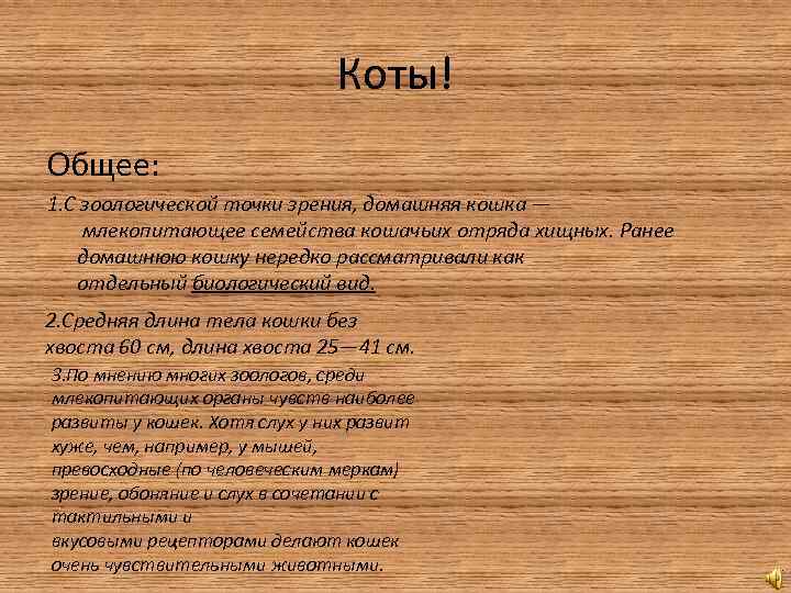 Коты! Общее: 1. С зоологической точки зрения, домашняя кошка — млекопитающее семейства кошачьих отряда