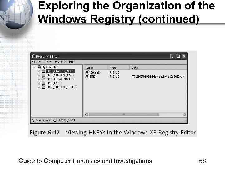 Exploring the Organization of the Windows Registry (continued) Guide to Computer Forensics and Investigations