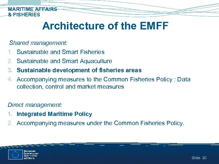 MARITIME AFFAIRS & FISHERIES Architecture of the EMFF Shared management: 1. Sustainable and Smart