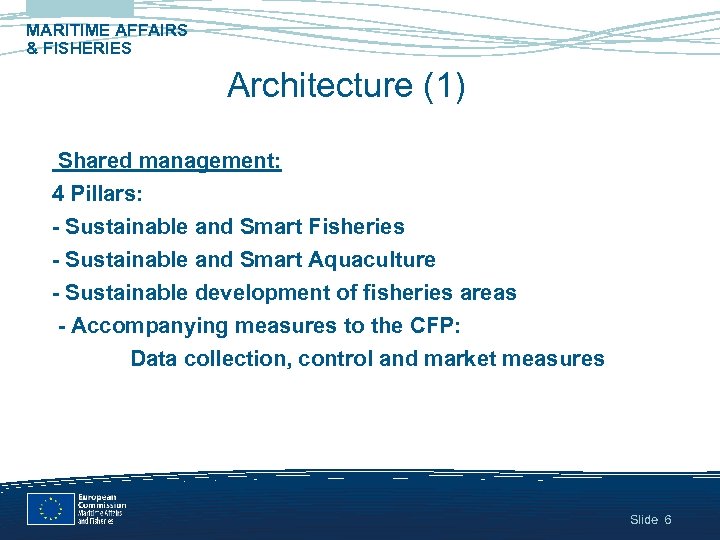 MARITIME AFFAIRS & FISHERIES Architecture (1) Shared management: 4 Pillars: - Sustainable and Smart