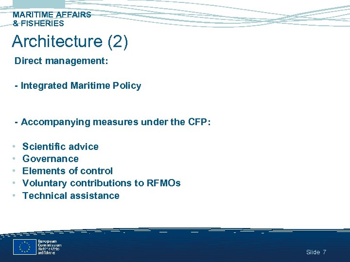 MARITIME AFFAIRS & FISHERIES Architecture (2) Direct management: - Integrated Maritime Policy - Accompanying