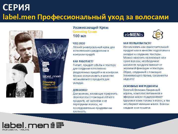 СЕРИЯ label. men Профессиональный уход за волосами Ухаживающий Крем Grooming Cream 100 мл ЧТО