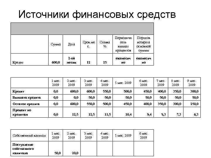 Источники финансовых средств Сумма 2 -ой месяц Дата 600, 0 Кредит 1 мес. 2009