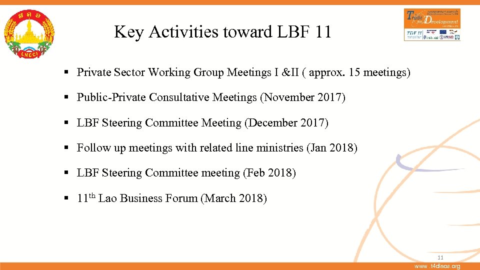 Key Activities toward LBF 11 § Private Sector Working Group Meetings I &II (