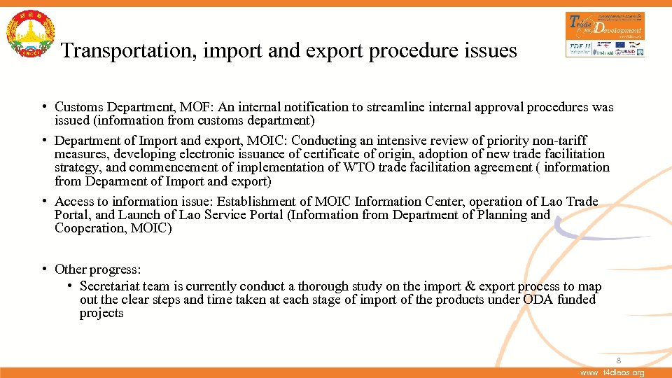 Transportation, import and export procedure issues • Customs Department, MOF: An internal notification to