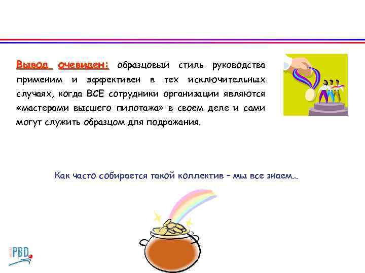 Вывод очевиден: образцовый стиль руководства применим и эффективен в тех исключительных случаях, когда ВСЕ