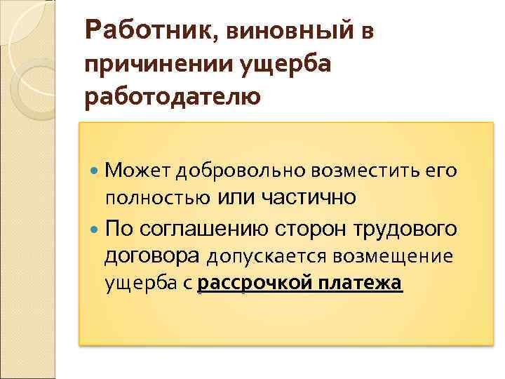 Работник, виновный в причинении ущерба работодателю Может добровольно возместить его полностью или частично По