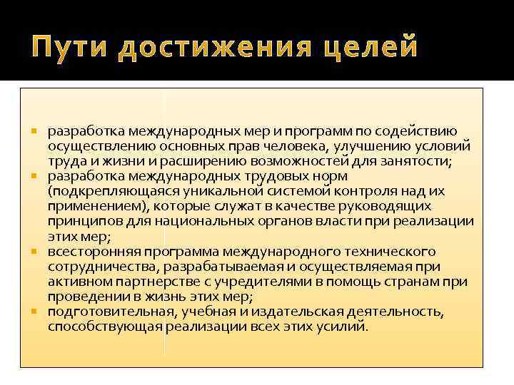 разработка международных мер и программ по содействию осуществлению основных прав человека, улучшению условий труда