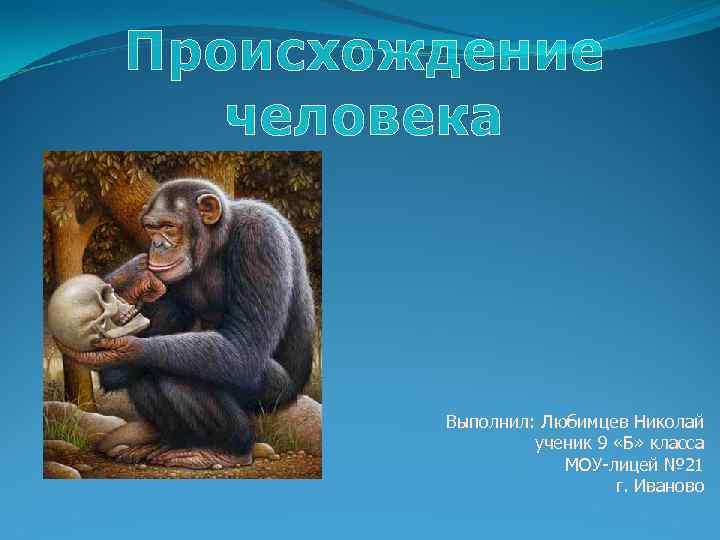 Происхождение человека Выполнил: Любимцев Николай ученик 9 «Б» класса МОУ-лицей № 21 г. Иваново