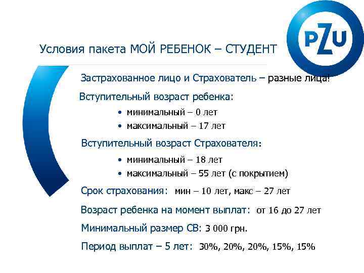 Условия пакета МОЙ РЕБЕНОК – СТУДЕНТ Застрахованное лицо и Страхователь – разные лица! Вступительный