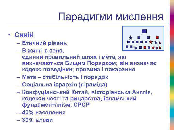 Парадигми мислення • Синій – Етичний рівень – В житті є сенс, єдиний правильний