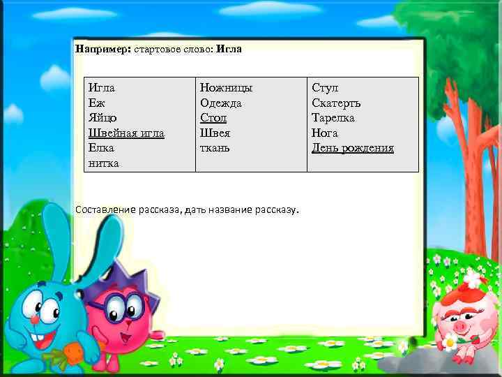 Например: стартовое слово: Игла Еж Яйцо Швейная игла Елка нитка Ножницы Одежда Стол Швея