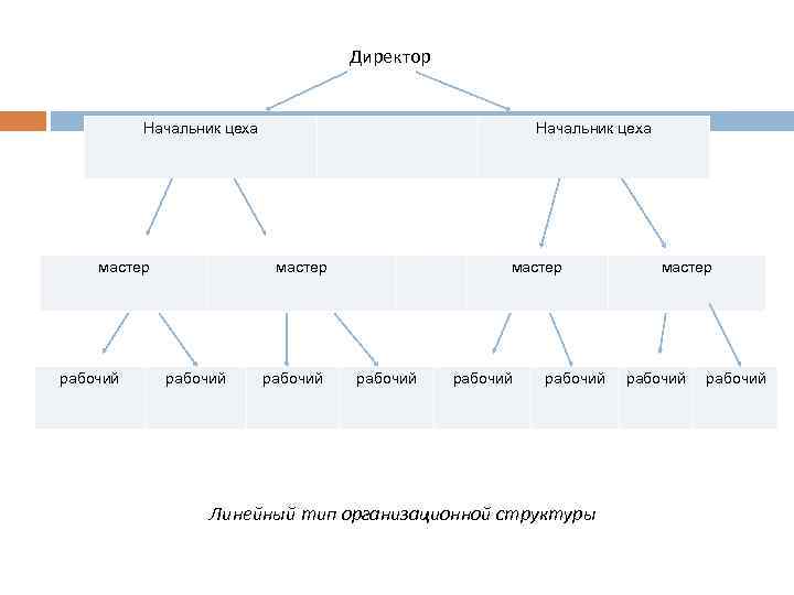 Директор Начальник цеха мастер рабочий Начальник цеха рабочий мастер рабочий Линейный тип организационной структуры