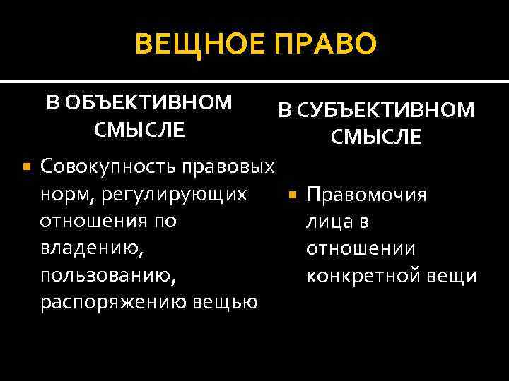 Понятие объективно и субъективно. Вещное право. Понятие вещного права. Вещное право в объективном смысле. Субъективные вещные права.