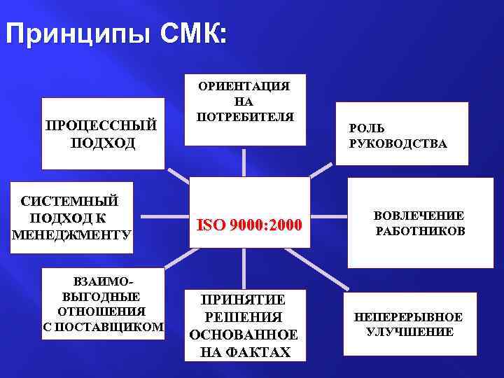 Принципы СМК: ПРОЦЕССНЫЙ ПОДХОД СИСТЕМНЫЙ ПОДХОД К МЕНЕДЖМЕНТУ ВЗАИМОВЫГОДНЫЕ ОТНОШЕНИЯ С ПОСТАВЩИКОМ ОРИЕНТАЦИЯ НА
