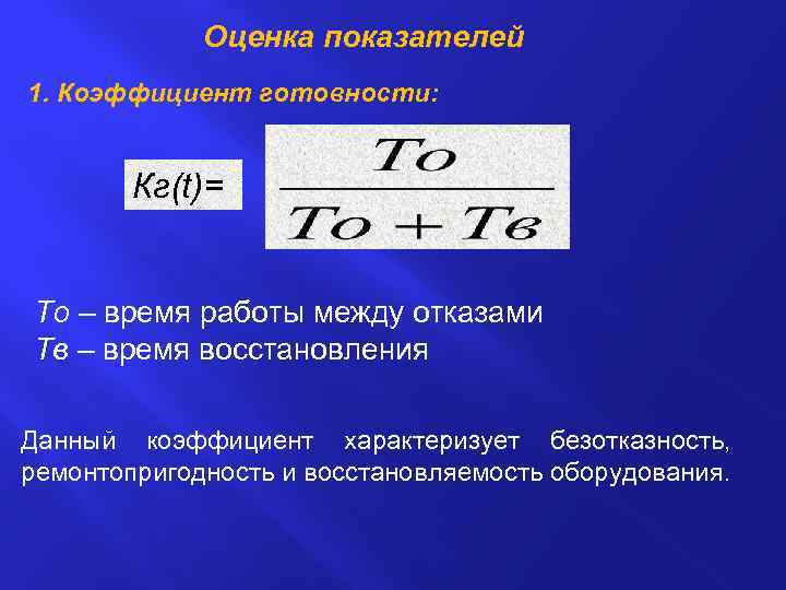 Оценка показателей 1. Коэффициент готовности: Кг(t)= То – время работы между отказами Тв –