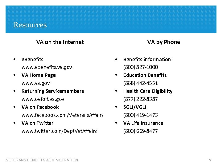 Resources VA on the Internet • • • e. Benefits www. ebenefits. va. gov