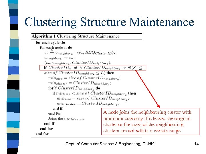 Clustering Structure Maintenance A node joins the neighbouring cluster with minimum size only if