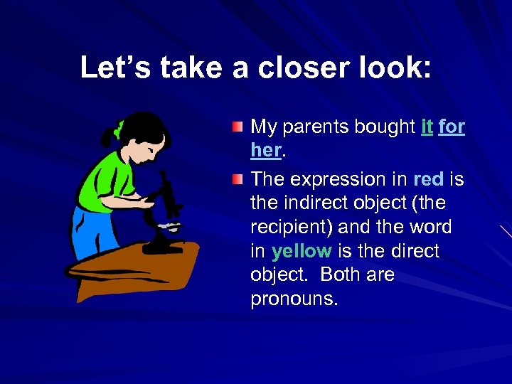 Let’s take a closer look: My parents bought it for her. The expression in