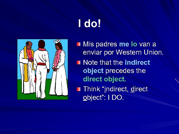 I do! Mis padres me lo van a enviar por Western Union. Note that