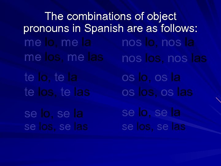 The combinations of object pronouns in Spanish are as follows: me lo, me la