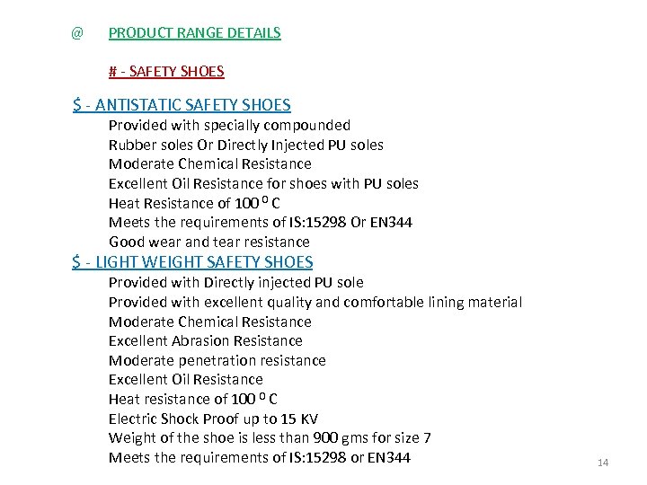  @ PRODUCT RANGE DETAILS # - SAFETY SHOES $ - ANTISTATIC SAFETY SHOES