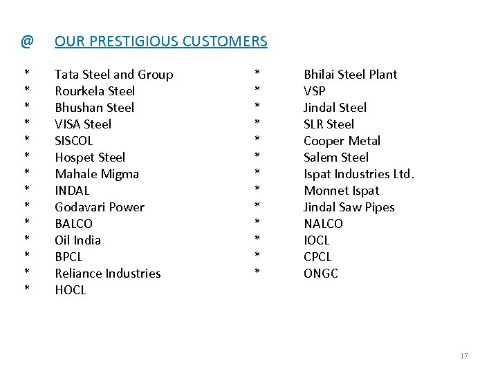  @ OUR PRESTIGIOUS CUSTOMERS * * * * Tata Steel and Group Rourkela