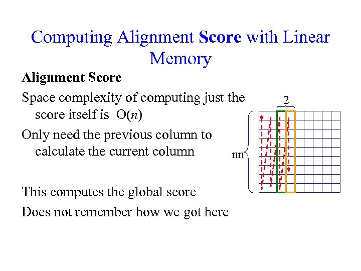 Computing Alignment Score with Linear Memory Alignment Score Space complexity of computing just the
