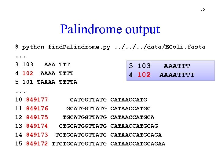 15 Palindrome output $ python find. Palindrome. py. . /data/EColi. fasta. . . 3