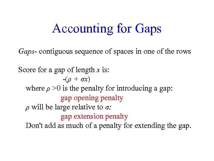 Accounting for Gaps- contiguous sequence of spaces in one of the rows Score for