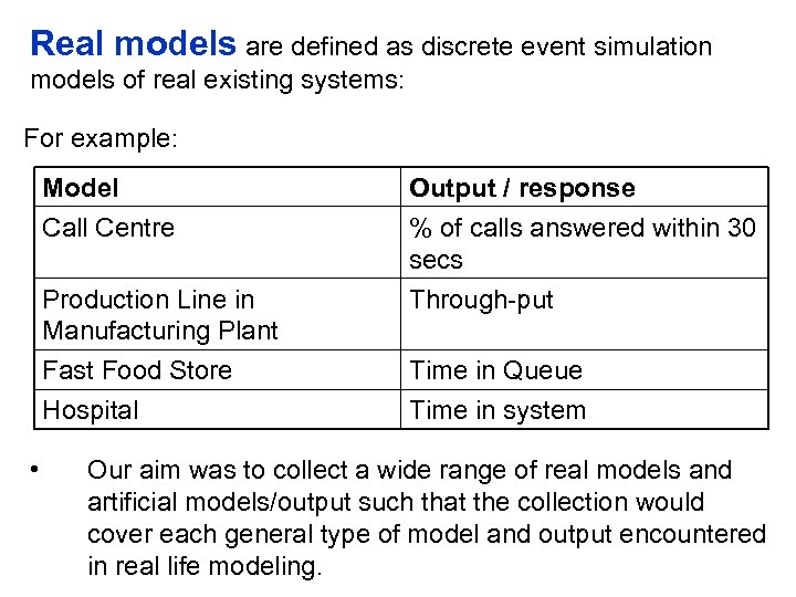 Real models are defined as discrete event simulation models of real existing systems: For