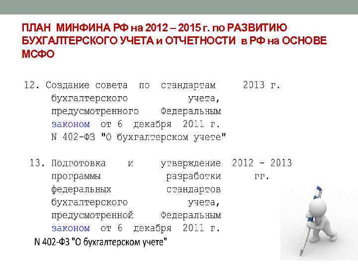 ПЛАН МИНФИНА РФ на 2012 – 2015 г. по РАЗВИТИЮ БУХГАЛТЕРСКОГО УЧЕТА и ОТЧЕТНОСТИ