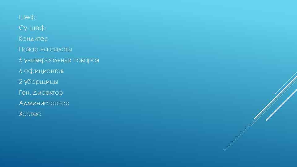 Шеф Су-шеф Кондитер Повар на салаты 5 универсальных поваров 6 официантов 2 уборщицы Ген.