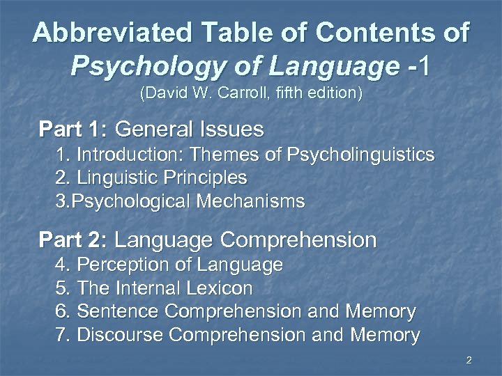 Abbreviated Table of Contents of Psychology of Language -1 (David W. Carroll, fifth edition)