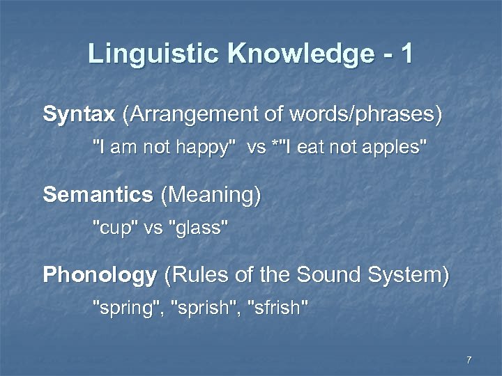 Linguistic Knowledge - 1 Syntax (Arrangement of words/phrases) "I am not happy" vs *"I