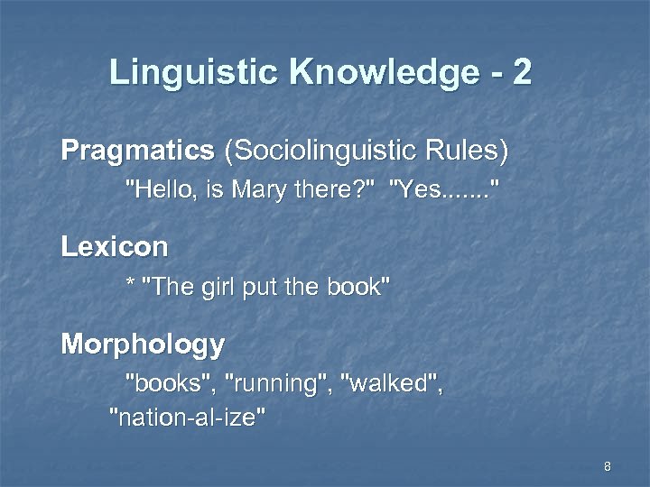 Linguistic Knowledge - 2 Pragmatics (Sociolinguistic Rules) "Hello, is Mary there? " "Yes. .