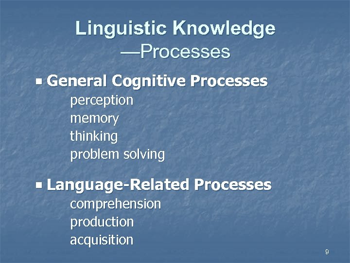 Linguistic Knowledge —Processes General Cognitive Processes perception memory thinking problem solving Language-Related Processes comprehension