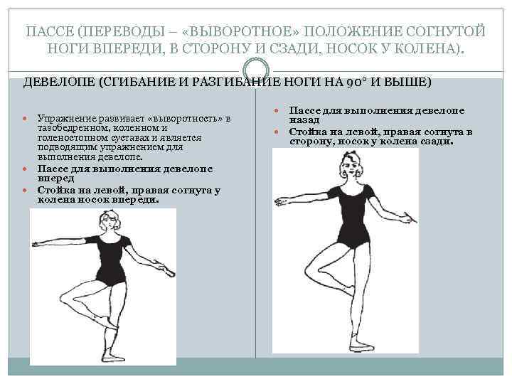 ПАССЕ (ПЕРЕВОДЫ – «ВЫВОРОТНОЕ» ПОЛОЖЕНИЕ СОГНУТОЙ НОГИ ВПЕРЕДИ, В СТОРОНУ И СЗАДИ, НОСОК У
