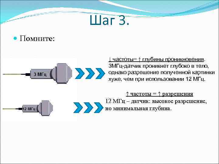 Шаг 3. Помните: ↓ частоты= ↑ глубины проникновения. 3 МГц-датчик проникнет глубоко в тело,