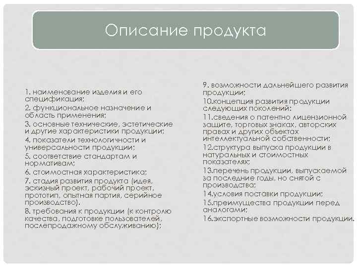 Описание продукта 1. наименование изделия и его спецификация; 2. функциональное назначение и область применения;