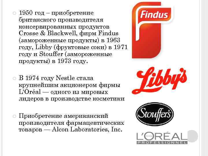  1950 год – приобретение британского производителя консервированных продуктов Crosse & Blackwell, фирм Findus