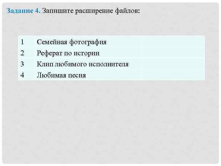 Задание 4. Запишите расширение файлов: 1 2 3 4 Семейная фотография Реферат по истории