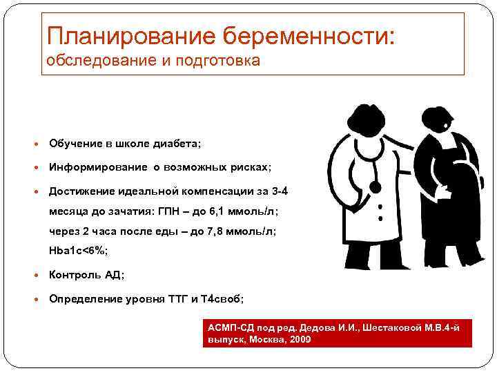 Планирование беременности: обследование и подготовка Обучение в школе диабета; Информирование о возможных рисках; Достижение